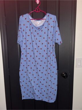 LuLaRoe Blue Gingham Julia Dress with Red Ladybug Print